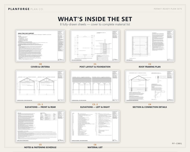 20x24 Carport Plans, DIY Permit Ready 2 Car Open Post Frame Carport Building Plans, Material List, Drawn by ICC Building Official image 4