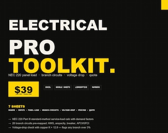 Electrical Estimate Spreadsheet | Excel NEC 220 Panel Load, Branch Circuits Calculator Quote Template for Electricians | Instant Download