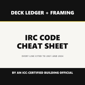 May include: A rectangular informational document titled DECK LEDGER + FRAMING IRC CODE CHEAT SHEET. The text states EVERY LINE CITED TO 2021 AND 2024 and BY AN ICC-CERTIFIED BUILDING OFFICIAL. The design features black and white sections with bold text.