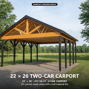 22x26 Carport Plans, DIY Permit Ready 2 Car Open Post Frame Carport Building Plans, Material List, Drawn by ICC Building Official image 1