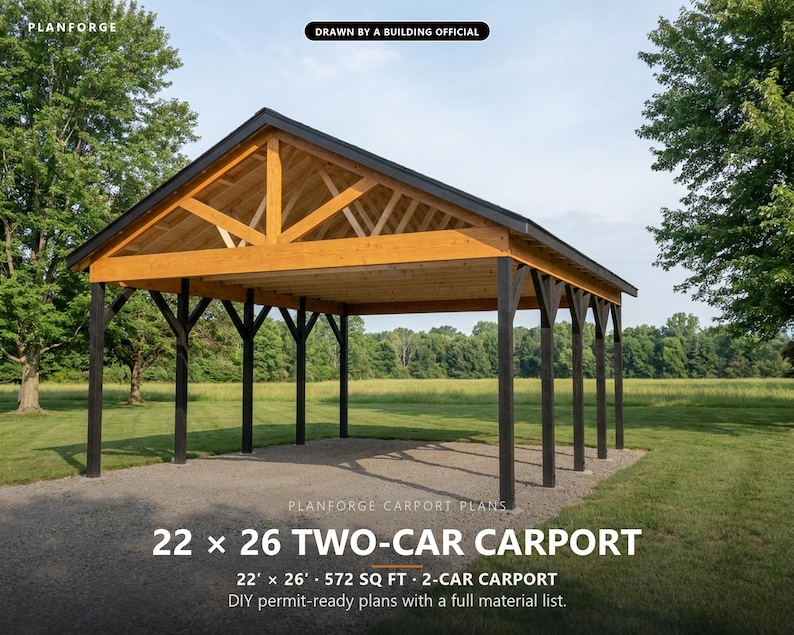 22x26 Carport Plans, DIY Permit Ready 2 Car Open Post Frame Carport Building Plans, Material List, Drawn by ICC Building Official image 1