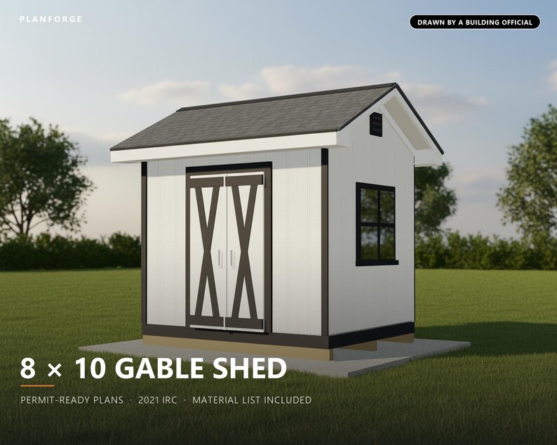 Baupläne für ein 8x10-Fuß-Gartenhaus, genehmigungsfertige Baupläne für ein Satteldach-Gartenhaus mit Materialliste, gezeichnet und geprüft von einem ICC-zertifizierten Baubeamten Bild 1