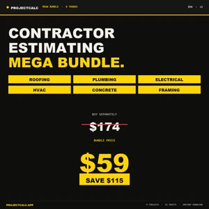 May include: A black digital graphic with yellow text titled Contractor Estimating Mega Bundle. It lists six trades: Roofing, Plumbing, Electrical, HVAC, Concrete, and Framing. The graphic shows a crossed-out price of $174 and a bundle price of $59.