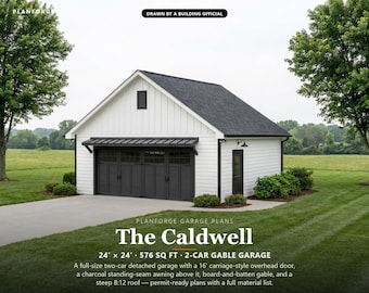 24x24 2 Car Garage Plans, Permit Ready Detached Garage Building Plans, Material List, Drawn by ICC Building Official