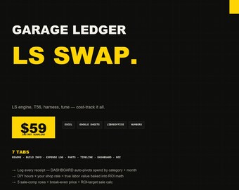 LS Swap Cost Tracker | Excel Build Cost, Parts Inventory, ROI Spreadsheet for LS Engine Swap Project Builders | Instant Download