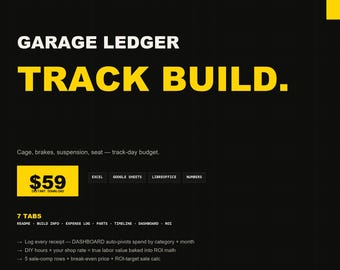 Track Build Cost Tracker | Excel Build Cost, Parts, ROI Spreadsheet for Track Car + Time-Attack Build Project | Instant Download