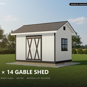 Baupläne für ein 10x14-Fuß-Gartenhaus, genehmigungsfertige Baupläne für ein Satteldach-Gartenhaus mit Materialliste, gezeichnet und geprüft von einem ICC-zertifizierten Baubeamten Bild 1