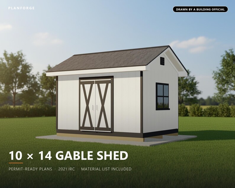 Baupläne für ein 10x14-Fuß-Gartenhaus, genehmigungsfertige Baupläne für ein Satteldach-Gartenhaus mit Materialliste, gezeichnet und geprüft von einem ICC-zertifizierten Baubeamten Bild 1
