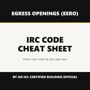 Puede incluir: Un documento informativo rectangular titulado EGRESS OPENINGS (EERO) IRC CODE CHEAT SHEET. El texto indica EVERY LINE CITED TO 2021 AND 2024 y BY AN ICC-CERTIFIED BUILDING OFFICIAL. El diseño presenta encabezados negros y un centro blanco.