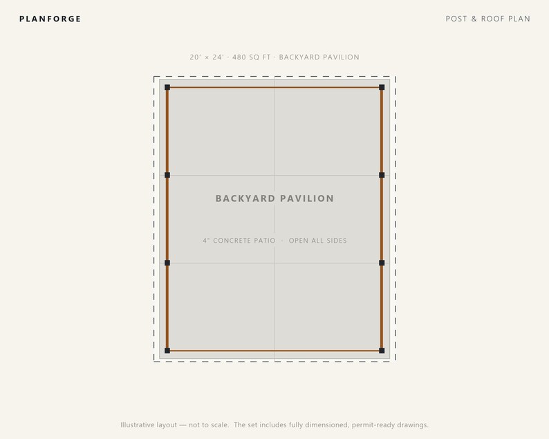 20x24 Pavilion Plans, DIY Permit Ready Backyard Pavilion with Patio Slab, Post Frame Plans, Material List, Drawn by ICC Building Official image 3