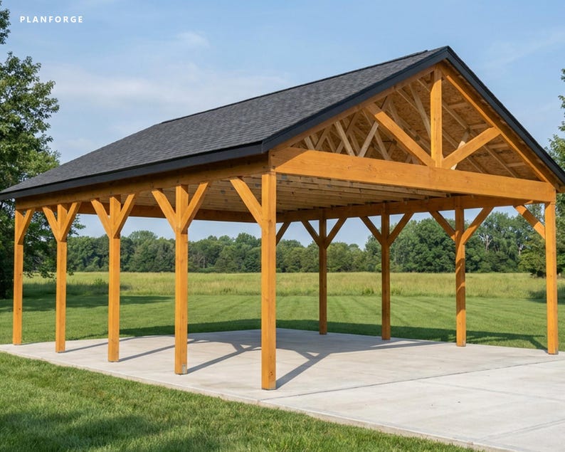 Projeto de garagem aberta de 24x28 pés (7,3x8,5 metros), com estrutura de postes, pronta para construção (faça você mesmo), lista de materiais e projeto elaborado por um oficial de construção do ICC (Conselho de Construção da Índia). imagem 2