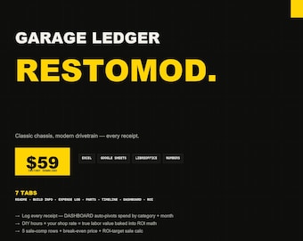Restomod Cost Tracker | Excel Build Cost, Parts Inventory, ROI Spreadsheet for Restomod Project Car Builders | Instant Download