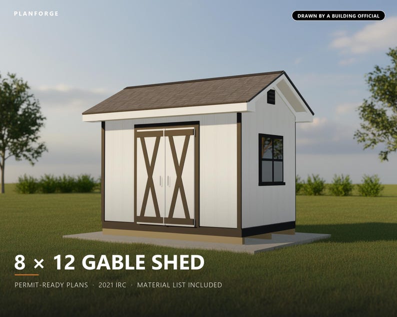 8x12 Shed Plans, Permit Ready Gable Storage Shed Building Plans with Materials List, Drawn and Checked by ICC Certified Building Official image 1