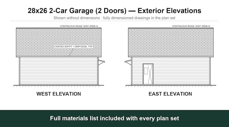 28x26 2 Car Garage Plans with Two Doors, Permit Ready Detached Garage Building Plans, Material List, Drawn by ICC Building Official image 4
