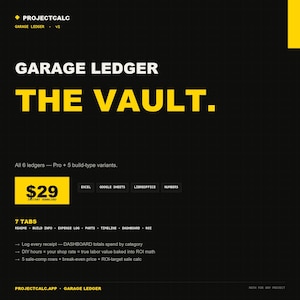 Garage Ledger Vault | 6 Excel Project Car Build Trackers: Pro + LS, Cummins, Overland, Restomod, Track Build | Instant Download