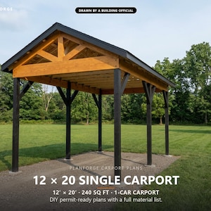 12x20 Carport Plans, DIY Permit Ready 1 Car Open Post Frame Carport Building Plans, Material List, Drawn by ICC Building Official image 1
