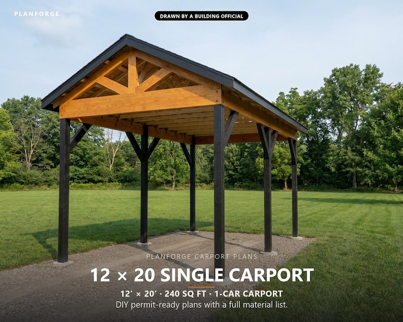 12x20 Carport Plans, DIY Permit Ready 1 Car Open Post Frame Carport Building Plans, Material List, Drawn by ICC Building Official image 1