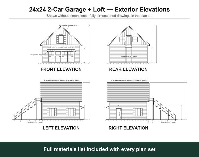 24x24 2 Car Garage Plans with Loft, Permit Ready Carriage House Plans, Exterior Stair, Material List, ICC Building Official imagen 6