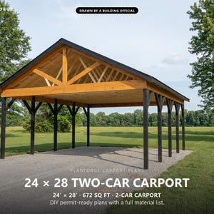 Projeto de garagem aberta de 24x28 pés (7,3x8,5 metros), com estrutura de postes, pronta para construção (faça você mesmo), lista de materiais e projeto elaborado por um oficial de construção do ICC (Conselho de Construção da Índia). imagem 1
