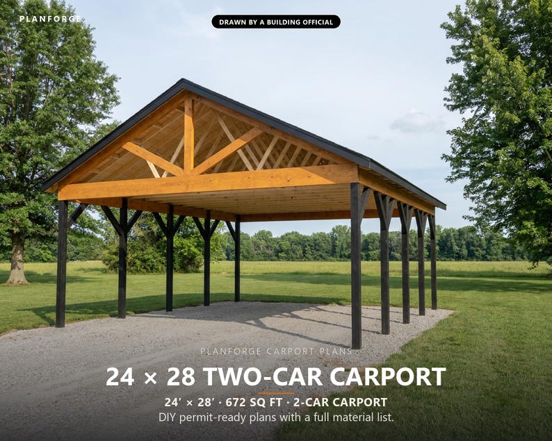 Projeto de garagem aberta de 24x28 pés (7,3x8,5 metros), com estrutura de postes, pronta para construção (faça você mesmo), lista de materiais e projeto elaborado por um oficial de construção do ICC (Conselho de Construção da Índia). imagem 1
