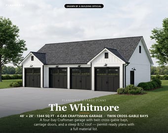 48x28 4 Car Garage Plans, Permit Ready Craftsman Detached Garage Building Plans, Material List, Drawn by ICC Building Official