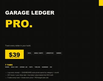 Garage Ledger Pro | Excel Project Car Build Cost Tracker, Dashboard + ROI Sale Comp Spreadsheet for Builders | Instant Download