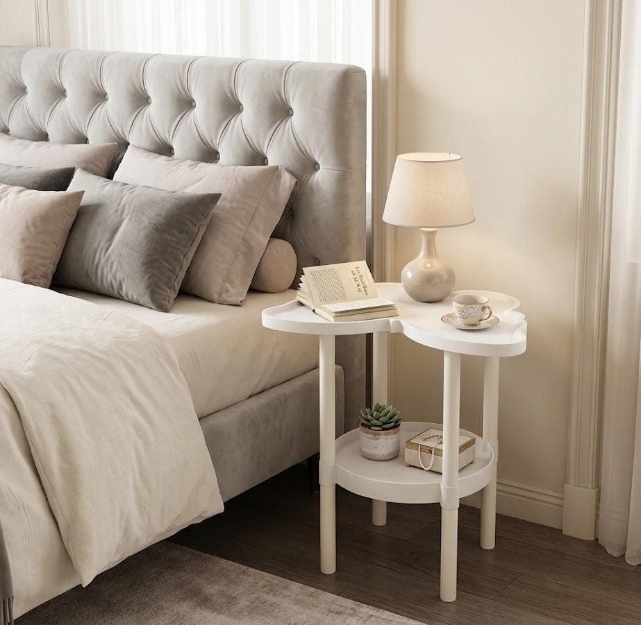 Table D'appoint Papillon Design Art Déco, Petite De Chevet Blanche Avec Étagère Rangement, Bout Canapé Féminin Et Moderne