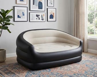 Deluxe 2-Seater Inflatable Sofa, Portable Sofa in Soft Flocked Vinyl, Folding Guest Bed, Designer Camping Bench