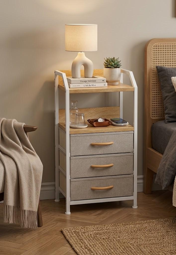 Table De Chevet Industrielle À 3 Tiroirs, Bout Canapé Avec Étagères Rangement, Meuble D'appoint Bois Et Métal, Organisateur Chambre
