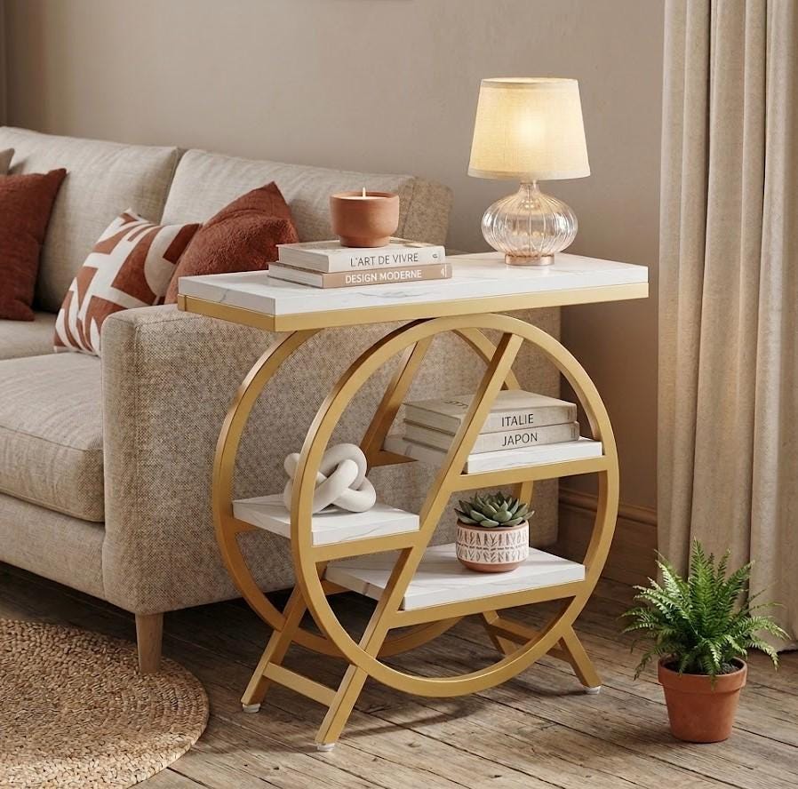 Table D'appoint Étroite À 4 Niveaux, Bout De Canapé Design Moderne Avec Rangement, Chevet Gain Place, Petit Meuble Salon Chic