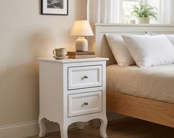 Vintage Style Bedside Table, White 2-Drawer Nightstand, Elegant Bedroom Storage, Compact Side Table, Modern Decorative Cabinet,