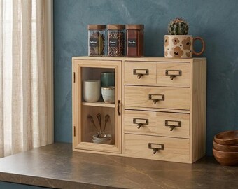 Vintage Wooden Storage Cabinet with Transparent Door & Drawers, Desktop Organizer for Jewelry, Tea, or Accessories,