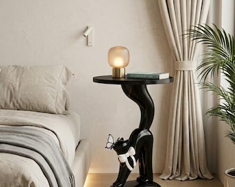 Chic Cat Side Table with Bow Tie, Original Design End Table, Elegant Animal Figurine Coffee Table