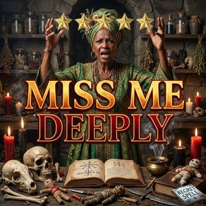 May include: A person wearing a green patterned garment and headwrap, with hands raised, stands behind a table featuring skulls, voodoo dolls, knives, candles, and an open book with symbols. The text "MISS ME DEEPLY" and "REGRET SPELL" are visible.