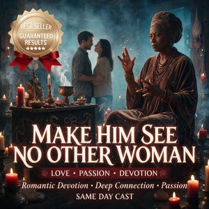 May include: A digital graphic featuring a person in a brown robe and headwrap gesturing with glowing hands. Text reads: MAKE HIM SEE NO OTHER WOMAN, LOVE, PASSION, DEVOTION, Romantic Devotion, Deep Connection, Passion, SAME DAY CAST.
