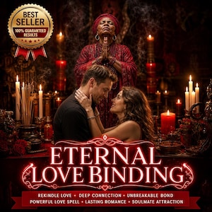 May include: A digital graphic featuring a couple embracing in a candlelit setting with an older person praying in the background. The text reads ETERNAL LOVE BINDING, REKINDLE LOVE, DEEP CONNECTION, UNBREAKABLE BOND, POWERFUL LOVE SPELL, LASTING ROMANCE, SOULMATE ATTRACTION.