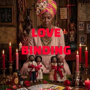 Könnte beinhalten: Das Bild zeigt eine Frau mit buntem Kopftuch, umgeben von Kerzen, Puppen und Ritualgegenständen. Die Worte "DARK VOODOO" und "LOVE BINDING" sind deutlich zu sehen. Tarotkarten, Honig und kleine Flaschen sind ebenfalls vorhanden.
