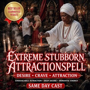 May include: A person in a white headwrap and robe lights a red candle over a stone bowl. The image features text reading EXTREME STUBBORN ATTRACTION SPELL, DESIRE, CRAVE, ATTRACTION, UNSHAKABLE ATTRACTION, DEEP DESIRE, ROMANTIC ENERGY, SAME DAY CAST.