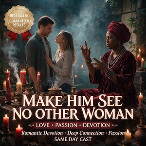 May include: A digital graphic featuring a couple standing together and an older person in a red velvet robe and headwrap. Text reads: BEST SELLER GUARANTEED RESULTS, MAKE HIM SEE NO OTHER WOMAN, LOVE • PASSION • DEVOTION, Romantic Devotion, Deep Connection, Passion, SAME DAY CAST.
