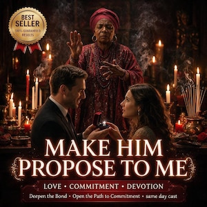 Puede incluir: Un gráfico digital que muestra a un hombre presentando un anillo en una caja a una mujer, con una persona mayor con túnica roja detrás. El texto dice: MAKE HIM PROPOSE TO ME, LOVE, COMMITMENT, DEVOTION, Deepen the Bond, Open the Path to Commitment.