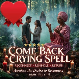 May include: A digital graphic featuring a person in a pink dress and headwrap sitting in a forest with smoke, candles, and text reading COME BACK CRYING SPELL, RECONNECT, REKINDLE, RETURN, and Awaken the Desire to Reconnect same day cast.