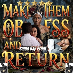May include: A digital graphic featuring the text MAKE THEM OBSESS AND RETURN with five gold stars. The image displays a person in a dark headwrap, a couple embracing, and a separate inset of a person lying down, alongside a copper bowl.