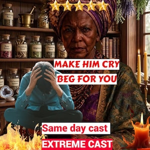 以下が含まれることがあります： ターバンをかぶった女性の画像で、「MAKE HIM CRY BEG FOR YOU」と「Same day cast EXTREME CAST」というテキストが表示されています。「Mandrak Root」や「Rose Petals」などのラベルが付いた瓶が棚に並んでいます。
