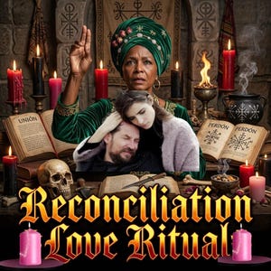 May include: A digital graphic featuring a person in a green velvet headwrap and robe, with two people embracing in front. The scene includes open books labelled UNIÓN and PERDÓN, a skull, candles, and the text Reconciliation Love Ritual in gold.