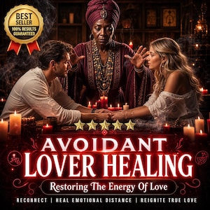 May include: A digital graphic featuring three people at a table with candles. Text reads: AVOIDANT LOVER HEALING, Restoring The Energy Of Love, RECONNECT, HEAL EMOTIONAL DISTANCE, REIGNITE TRUE LOVE. A gold badge states BEST SELLER 100% RESULTS GUARANTEED.