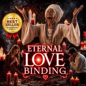 Könnte beinhalten: Eine digitale Illustration mit einer zentralen Figur in cremefarbenem Gewand und Kopfbedeckung mit erhobenen Armen, umgeben von brennenden Kerzen. Darunter steht der Text ETERNAL LOVE BINDING in Rot. Ein goldenes Best Seller Abzeichen ist oben links.