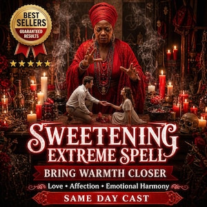 May include: A digital graphic featuring a person in red robes performing a ritual with a couple, surrounded by candles and smoke. Text reads: BEST SELLERS, SWEETENING EXTREME SPELL, BRING WARMTH CLOSER, Love, Affection, Emotional Harmony, SAME DAY CAST.