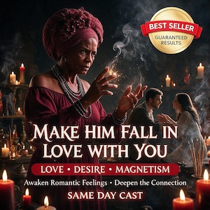 Peut inclure: Une personne en robe rouge foncé à épaules dénudées et turban effectue un rituel avec des étincelles. Le texte indique : MAKE HIM FALL IN LOVE WITH YOU, LOVE • DESIRE • MAGNETISM, Awaken Romantic Feelings • Deepen the Connection, SAME DAY CAST.