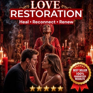 Könnte beinhalten: Eine digitale Grafik mit dem Titel LOVE RESTORATION Heal • Reconnect • Renew, die eine Person in rotem Gewand mit betenden Händen, einander zugewandte Personen und ein goldenes Abzeichen mit dem Text BEST SELLER 100% GUARANTEED RESULTS zeigt.