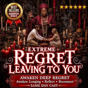 Puede incluir: Una persona con túnica roja y tocado realiza un ritual con un hombre y una mujer tomados de la mano. La imagen muestra calaveras, velas y el texto EXTREME REGRET LEAVING TO YOU, AWAKEN DEEP REGRET, AWAKEN LONGING, REFLECT, RECONNECT, SAME DAY CAST.